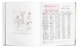 Interior view of Larry Clark's "The Perfect Childhood", with image of cartoon and hospital list.