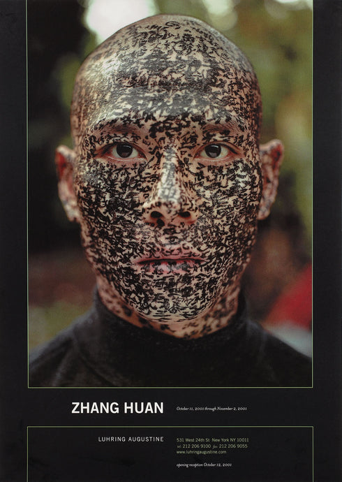 Poster from Zhang Huan's 2001 exhibition, with a photograph of a portrait of a person with their face covered in black marks. 