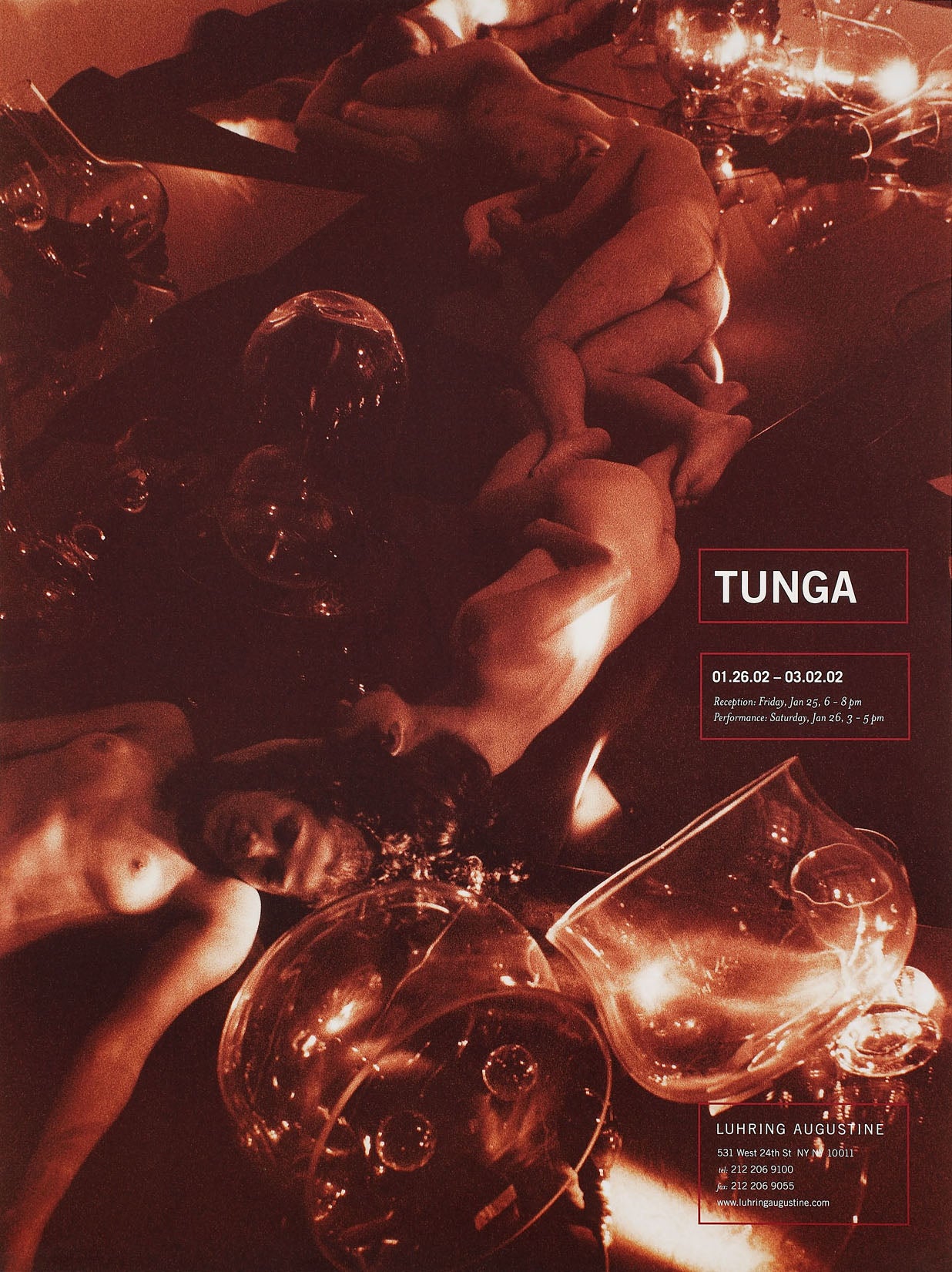 Poster from Tunga's 2002 exhibition, with an image of nude bodies among mirrors, glass, and light. 