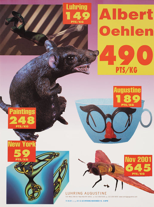 Poster from Albert Oehlen's 2002 exhibition, with images of miscellaneous objects including a rat.  