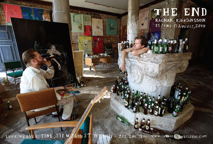 Side one of a double-sided poster from Ragnar Kjartansson's 2010 exhibition. A photograph of two men in the artist's studio drinking beer.