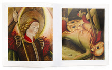 Load image into Gallery viewer, Interior shot of the exhibition catalog for &quot;On Earth and Heaven: Art from the Middle Ages&quot; with images of details from a painting of a saint killing a demon.
