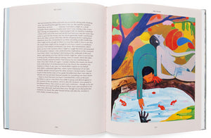 Image of the interior of Sanya Kantrovsky's book "No Joke". Text on the left page, an image of an artwork on the right.