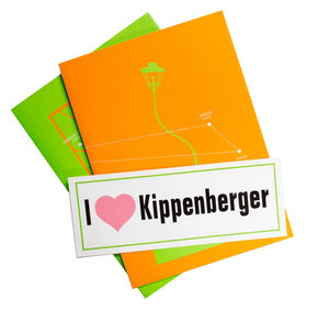Image of Martin Kippenberger's "Bermuda Triangle" set, including an "I [heart] Kippenberger" bumper sticker and orange and green posters.