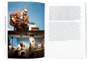 Interior shot of Ragnar Kjartansson's "To Music". Left page shows images from performance "The Night-Eroticism, Folkol and Melancholia, 2010" and text.