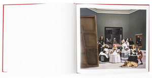Interior page view of Yasumasa Morimura's "Las Meninas Renacen de Noche", with a full-length self-portrait of Yasumasa Morimura as painter Velazquez in the painting "Las Meninas" on the right page.