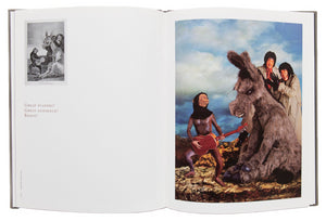 Image of interior of Yasumasa Morimura's "Los Nuevos Caprichos", with the image from the series "Great Players! Great Audience! Bravo!" on the right page and a small image of the original Goya work on the left page.