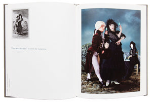 Image of interior of Yasumasa Morimura's "Los Nuevos Caprichos", with the image from the series "'One Way Ticket' Is Out of Fashion" on the right page and a small image of the original Goya work on the left page.
