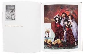Image of interior of Yasumasa Morimura's "Los Nuevos Caprichos", with the image by Morimura "Gentlemen, Your Turn is Over" on the right page and a small image of the original Goya work on the left page.