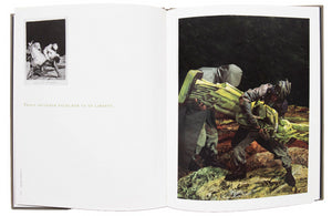 Image of interior of Yasumasa Morimura's "Los Nuevos Caprichos", with the image from the series titled "Fools Invisible Faces Rob Us of Liberty" on the right page and a small image of the original Goya work on the left page.