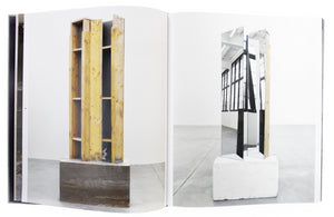 Interior shot of pages in Oscar Tuazon's book "Live", with two images of sculpture by the artist.