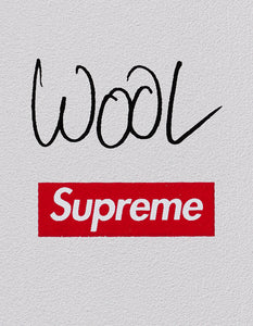 Detail of skateboard with Christopher Wool signature and Supreme logo.
